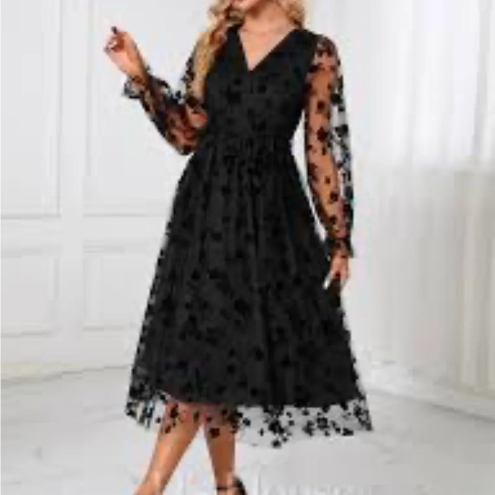 JJs House Medium V-Neck Long Sleeve A-line Jacquard Tulle Midi Dress  FREE SHIP - Picture 5 of 8